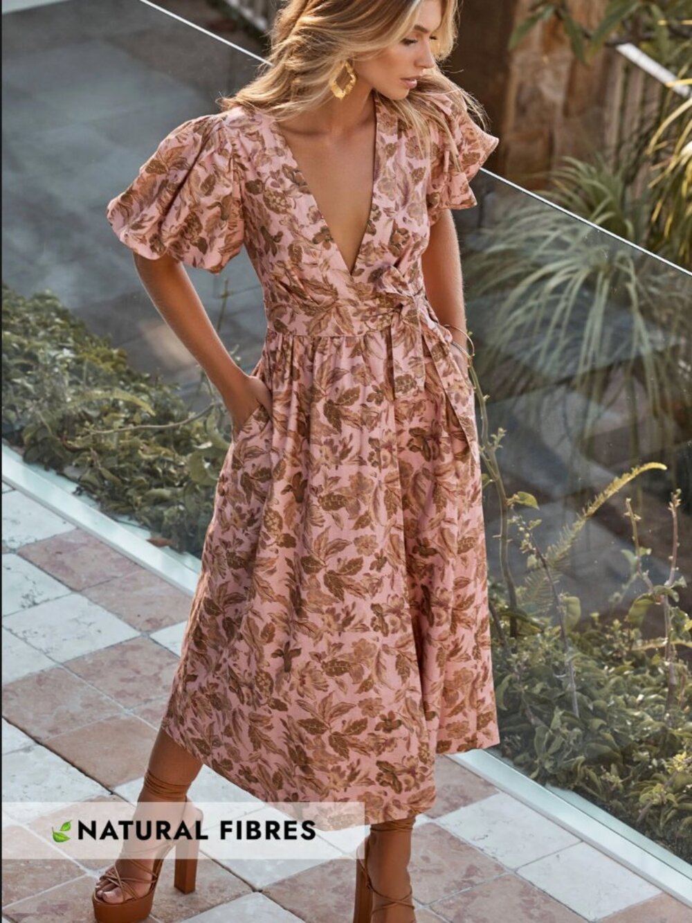 Amalie The Label Franc Linen Blend Puff Sleeve Wrap Midi Dress US 10 Pink Floral - Picture 4 of 11